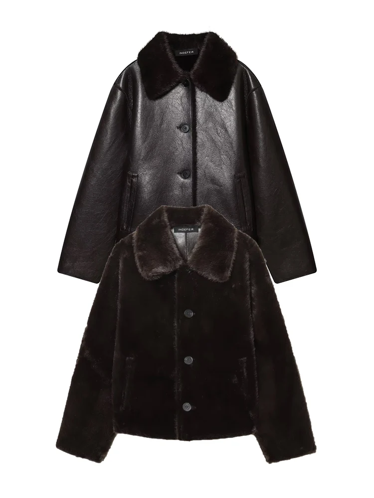 Feminino solto reversível jaqueta lapela único breasted pele do falso couro casaco de inverno moda feminina bolso chique quente outerwear