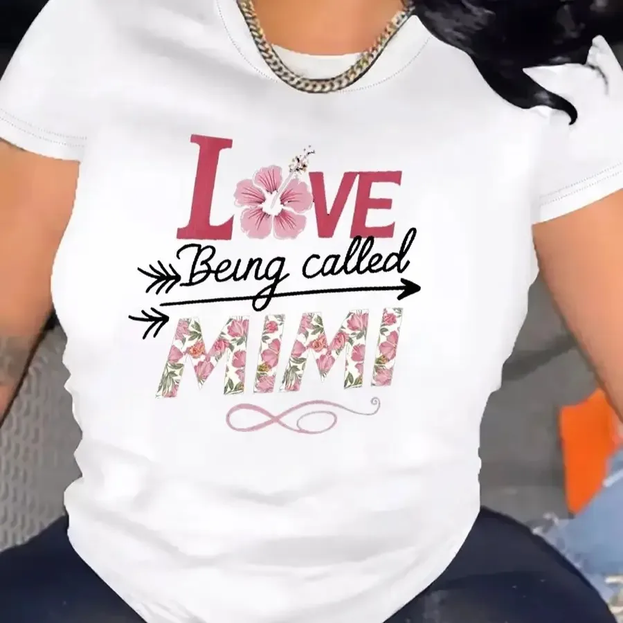 【Nueva llegada】Camiseta con estampado de letras florales Love Being Called Mimi para mujer, camiseta informal de manga corta con flor de hibisco rosa, regalo para abuela, camiseta familiar informal