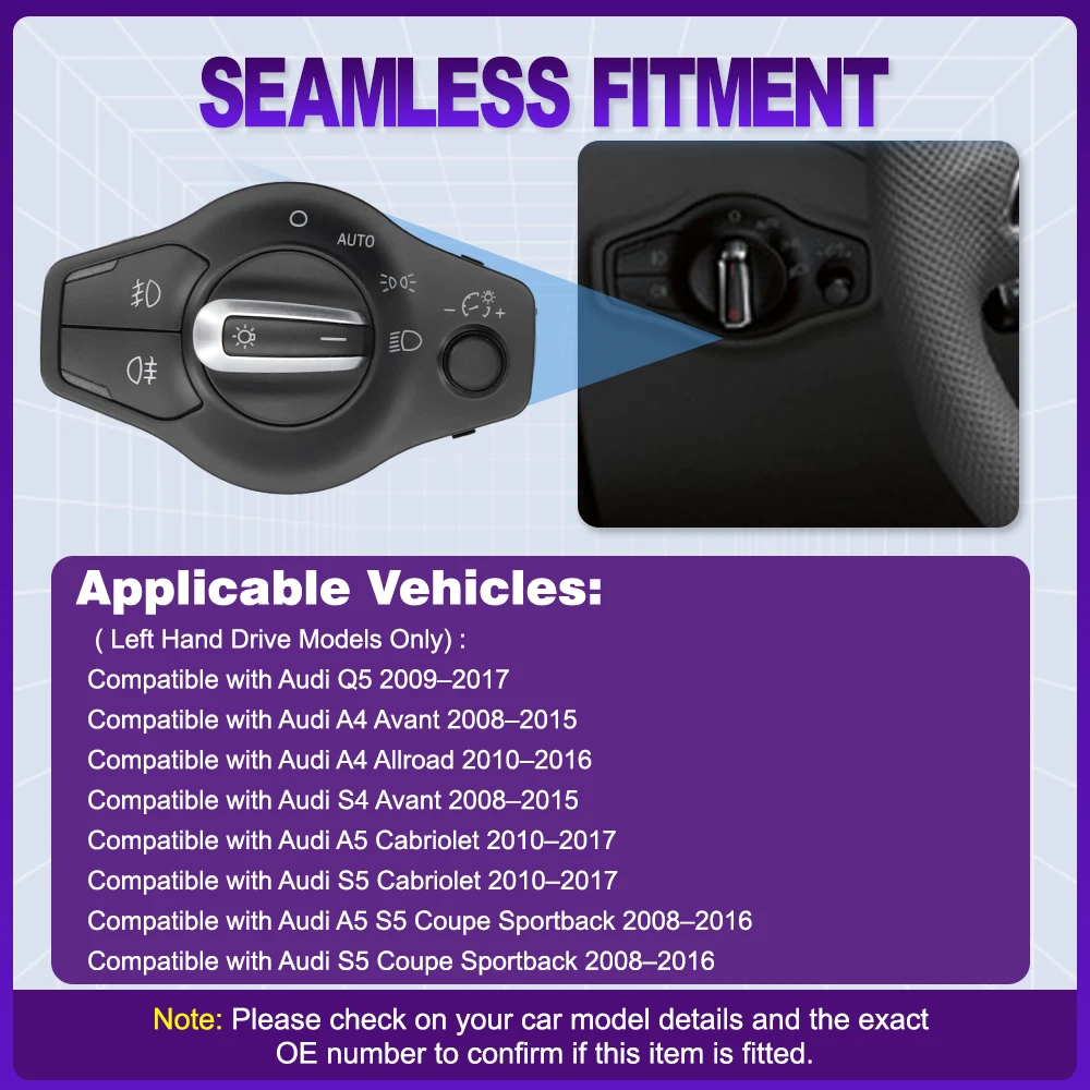

Headlight Fog Light Knob Control Switch with AUTO for Audi A4 S4 Avant A5 S5 Q5 2008-2017 8K0941531AS 8K0941531AK