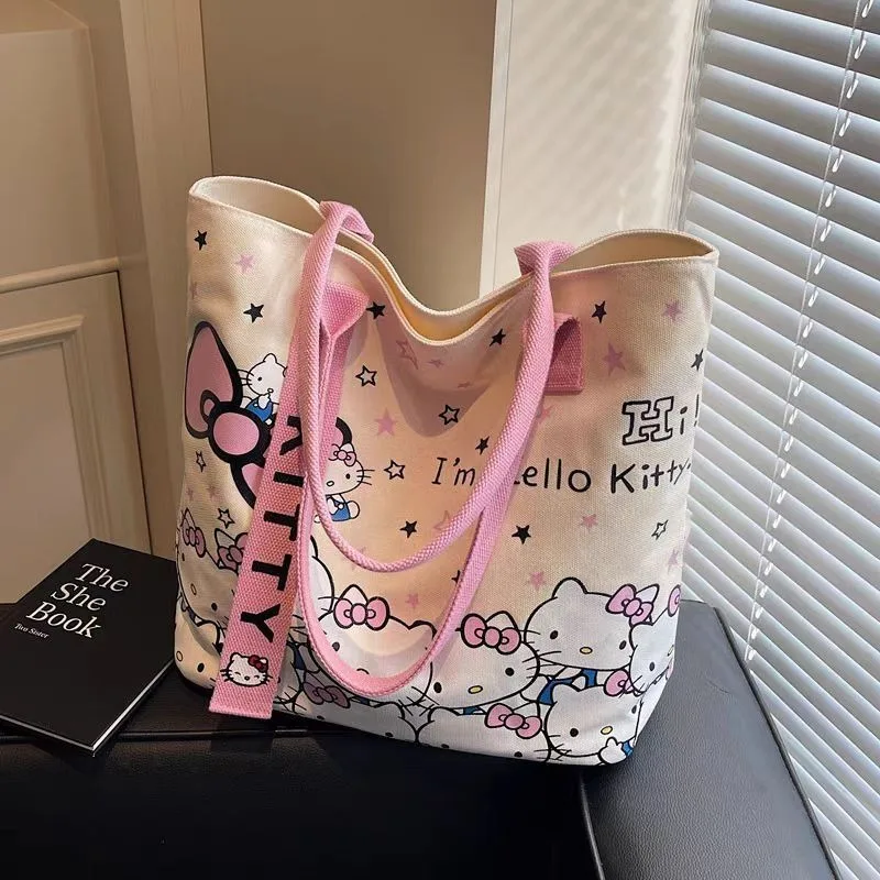 

New Cartoon Hello Kitty Large Capacity Shoulder Bag Cute Anime Peripherals Sanrio Casual Canvas Handbag Girl Gift Bag