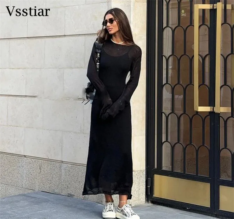 Vsstiar O คอยาวแขนยาว Maxi ชุดสตรีเซ็กซี่ดูผ่านถัก Casual Smock ชุดแฟชั่นวันหยุด Beachwear ชุด