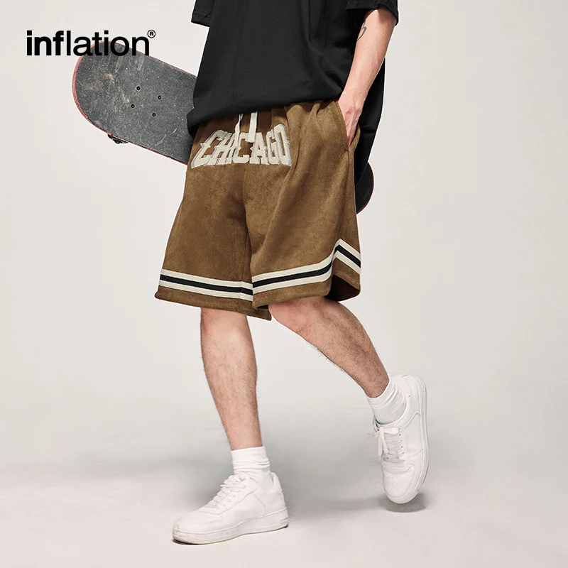 INFLATION Brown Basketball Shorts Men Casual Elastic Waist Faux Suede Sports Shorts