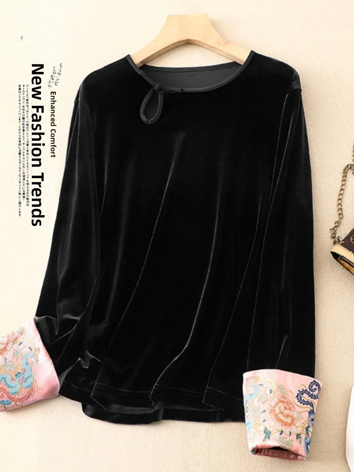 

Velvet Embroidered Loose Long Sve Women's Base irt Autumn Winter Faionable Casual Comfortable round Ne T-irt