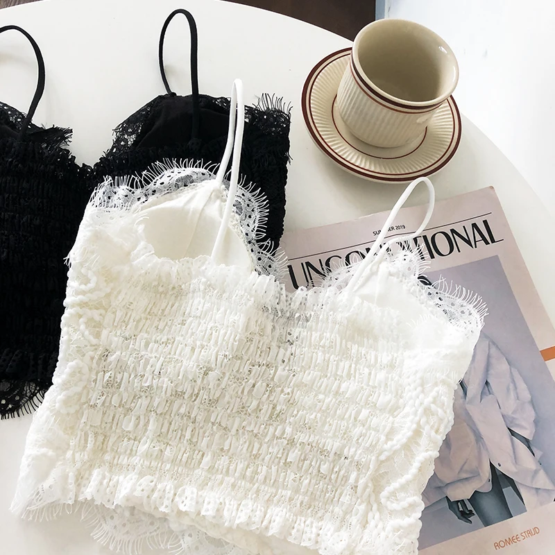 Mulheres Renda Trim Bralette Top, Camisola, V-Neck, Smocked Voltar, Tanques Strappy e Camis, Roupa de Verão, Teen-Girl Estética