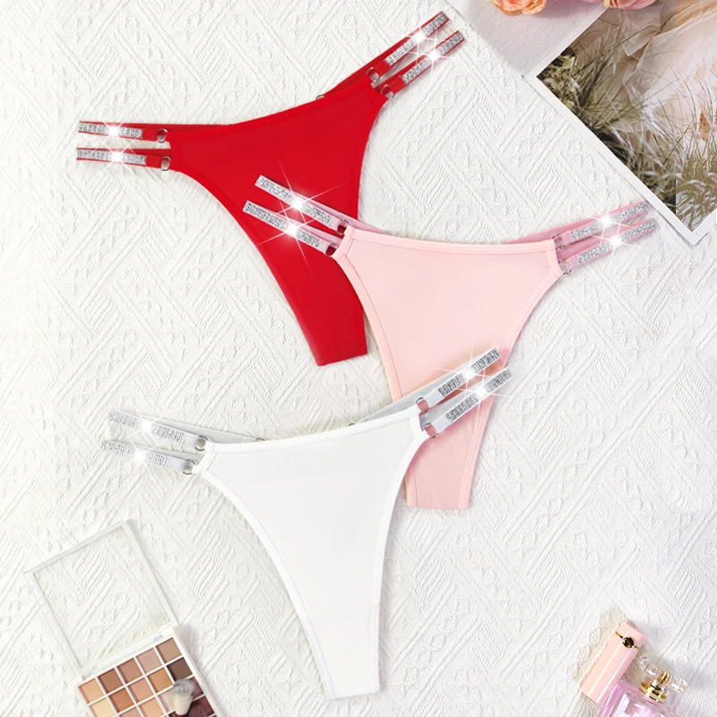 3pcs Women Sexy Thongs Low Rise Panties Two Shiny Belts Lady G-string Solid Comfortable Underwear Hollow Out Intimate Lingerie