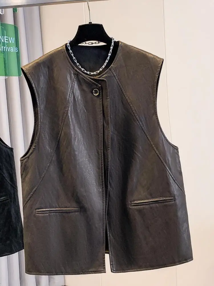 

Весенне-осенняя черная кожаная однобортная короткая майка с круглым вырезом, женская коричневая модная тонкая жилетка без рукавов, популярные топы