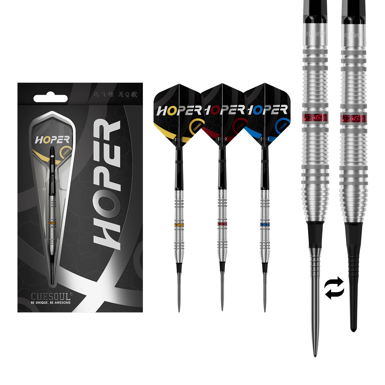 CUESOUL‘HOPER’ 19/21/23g OTO Spitze für Sowohl Stahl- als auch Softspitzen-Darts, 90% Wolfram und Messing Dart-Set mit KOFF Standard-Flügeln