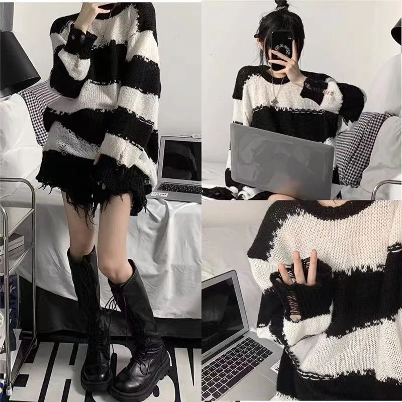 

2026 Spring New Y2k Women's sweater stripe Pattern Knitwear Sweater Casual Contrast Color Knitted Woman clothes pulls femmes