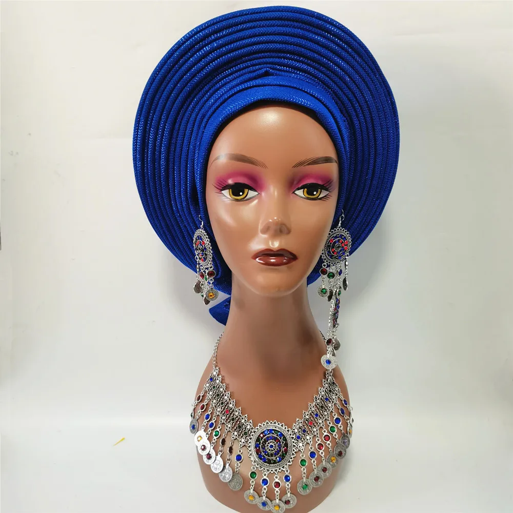 Red Headtie Gele Nigerian African Hat alread Made Auto Gele With Necklace Earrings Set For Wedding Party XM223-1