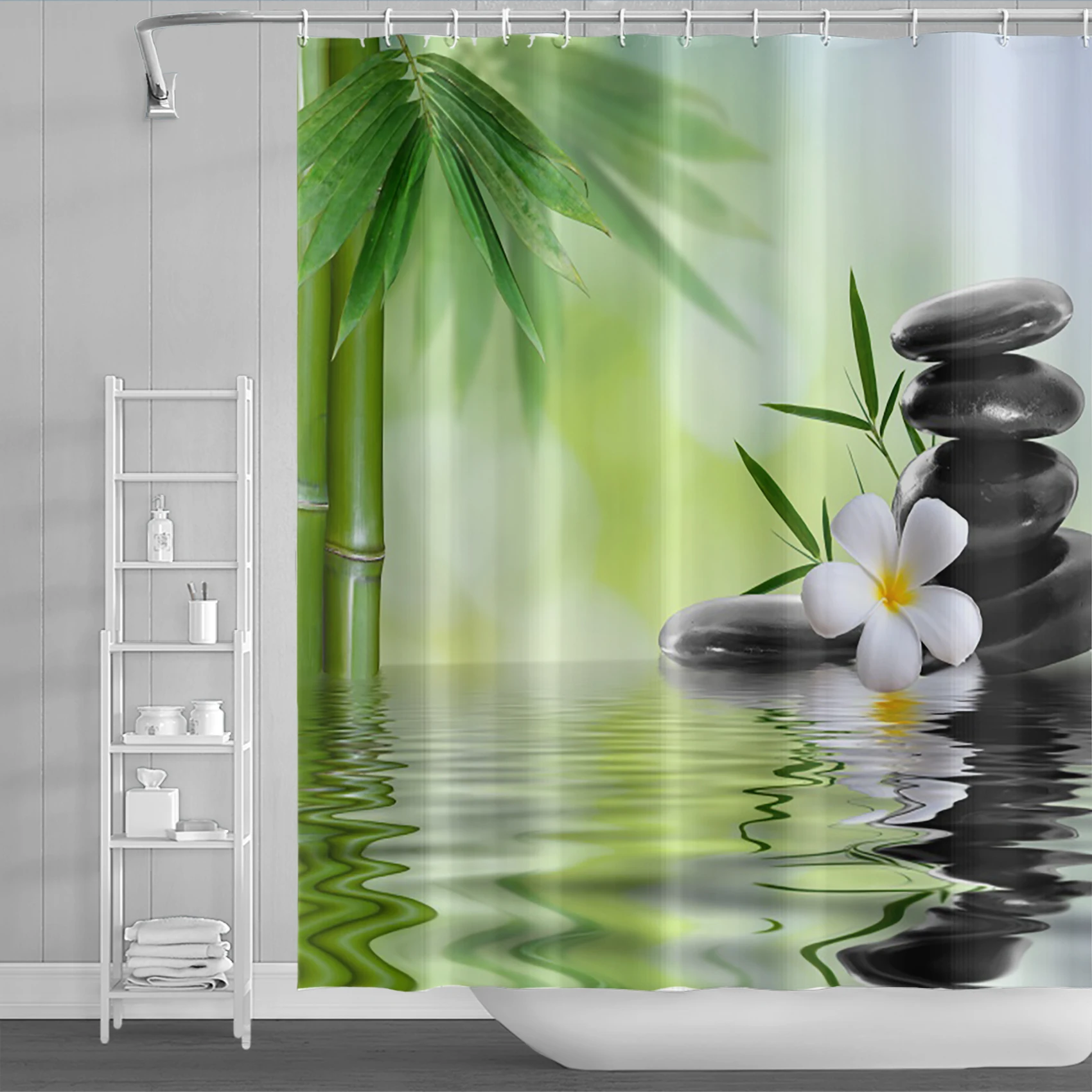 Zen Spa Lotus Japanese Meditation Shower Curtain Basalt Stones Herbal Oil Scent Candles Bamboo Water Home Decor Waterproof Set