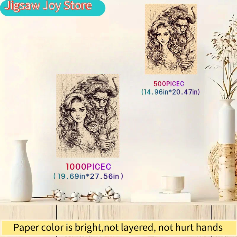 Puzzle 500 elementów Disney, papierowe puzzle DIY z piękną kobietą i Bestią, romantyczna ręcznie rysowana ilustracja, gruby biały karton.