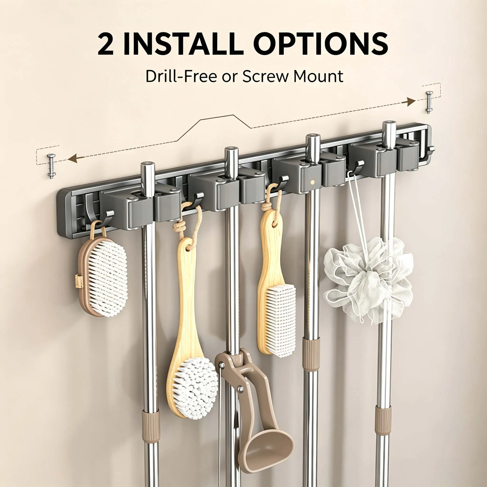 Wall Mounted Mop Holder Punch Free Broom Gripper Hooks Household Bathroom Cleaning Tool Rack Heavy Duty Self Adhesive Stainless Steel Organizer Kitchen Garage Garden Mop Rake Hanger Stand Home Care Kit Set Plus Pro Safe Fast Easy Daily Life Best Top Pure