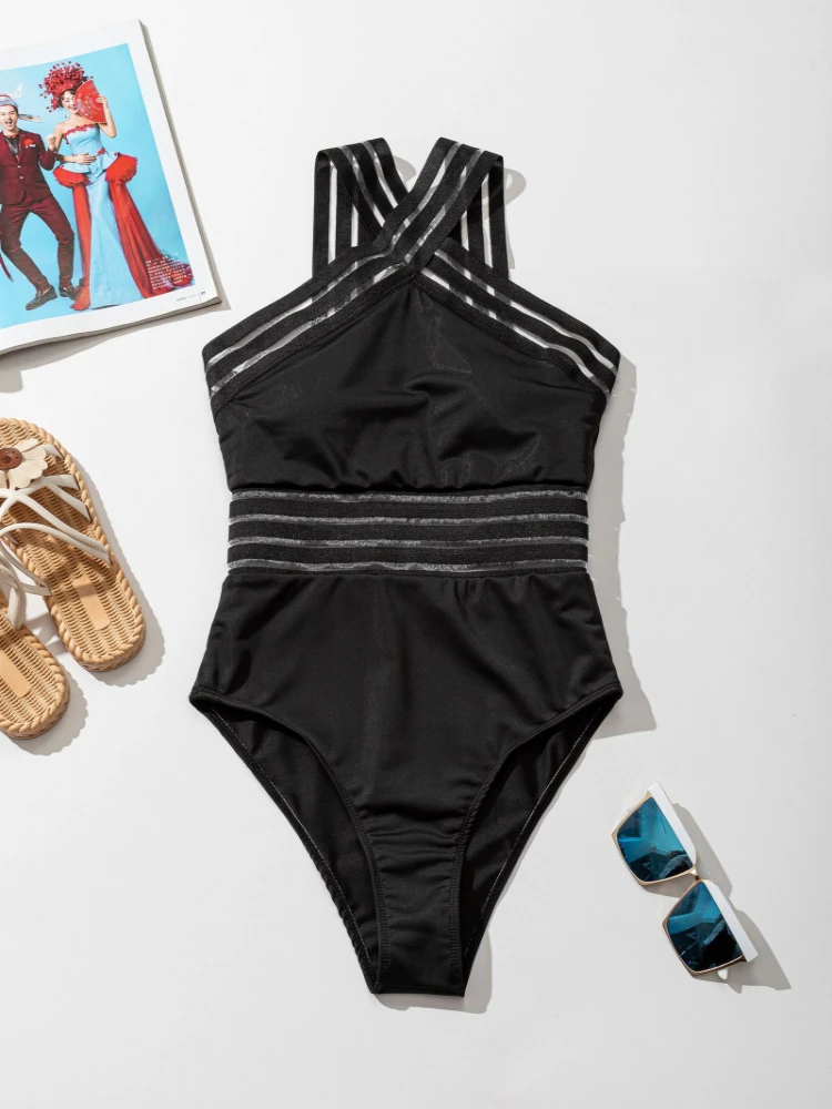 Fashionable and sexy bikini with cross halter neck and open back one-piece swimsuit