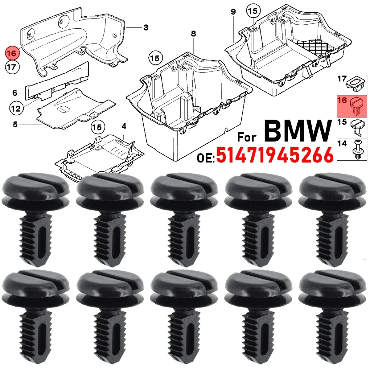 10X 51471945266   غطاء صندوق السيارة داش غطاء البطارية درع التمهيد بطانة مقاطع الكسوة لسيارات BMW E30 E91 E93 M3 E36 E46 E60 X3 E60 M5 E32 E83