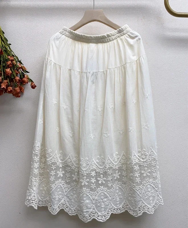 Mori Girl Cotton Linen Mesh Embroidery Eyelet Lace Long Skirt Vintage Sweet Victorian Rococo Edwardian Elegant  A Line Skirt