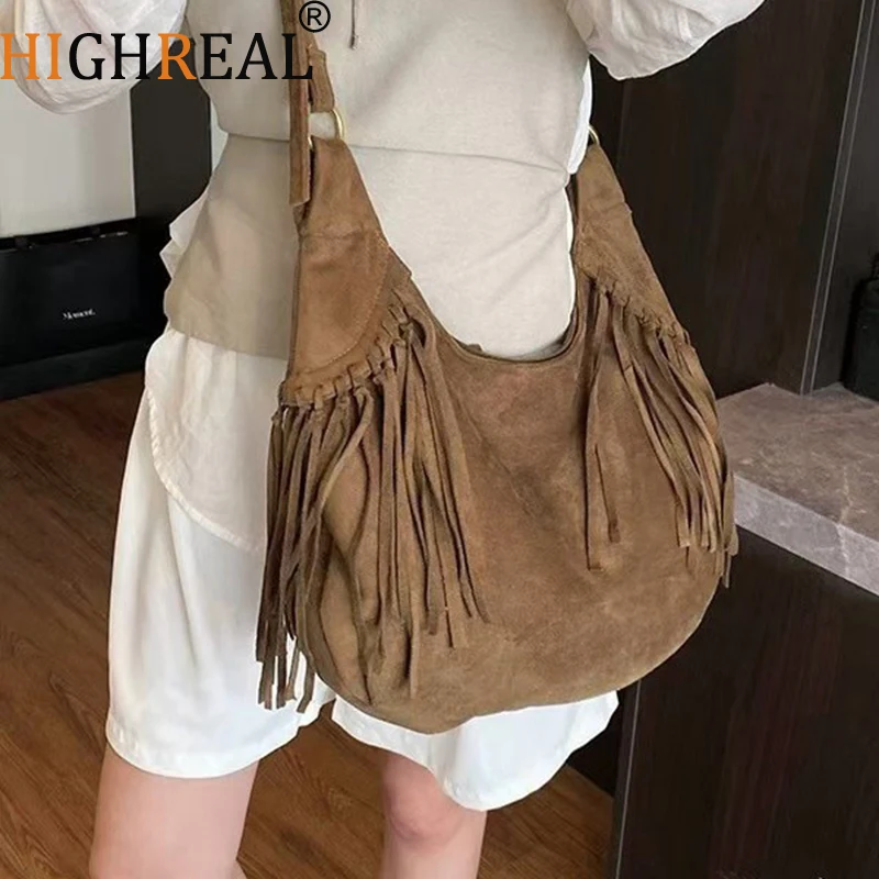 

Женская сумка-тоут для путешествий, шоппинг-бэг из искусственной замши с бахромой, вместительная сумка на плечо с матовыми кисточками