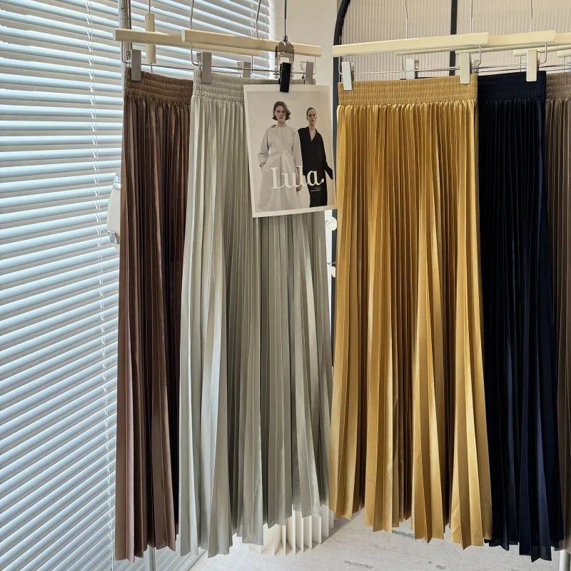 クロスボーダーメタルカラーfプリーツ入りワイドヘムラインスカート春夏サテンハイウエストレディースプレミアムファッション