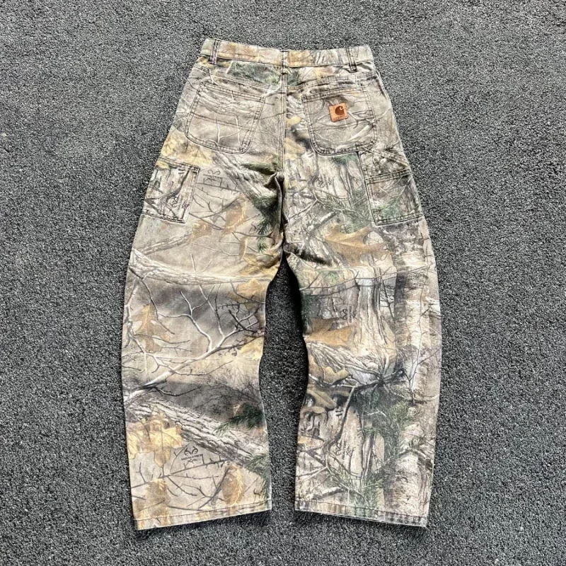 Jeans reto camuflado masculino de verão, estilo americano, lavado velho, perna larga, retrô, moda solta, tendência de rua, novo, 2024