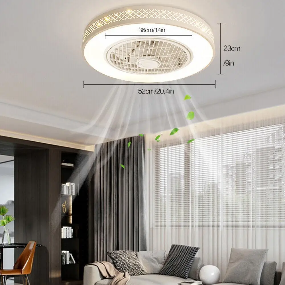 Modern Acrylic Grid Electric Fan Bladeless 3 Speed Stepless Dimming Ceiling Fan with Light and Control Bedroom Ceiling Lamp Led