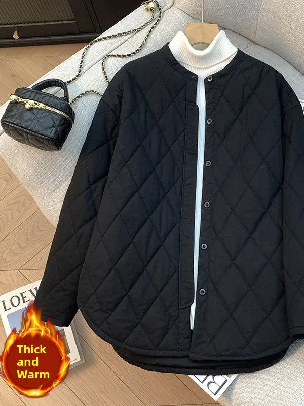 

Хлопковое джатовое пальто в стиле ретро с ромбовидным узором, женское зимнее новое свободное повседневное универсальное теплое хлопковое пальто