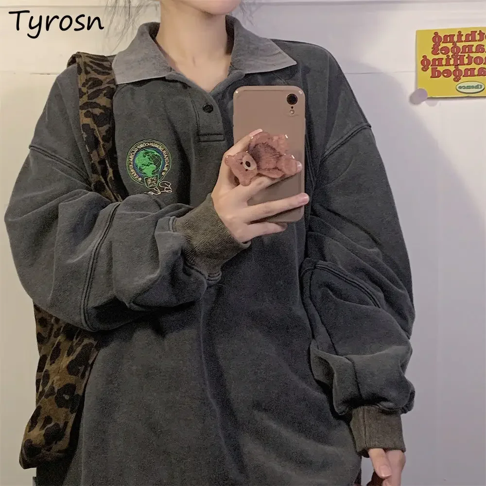 

Толстовки без шляпы с отложным воротником в Корейском и американском стиле, элегантная винтажная свободная уличная одежда, уютная мода унисекс BF, весна-осень, новинка