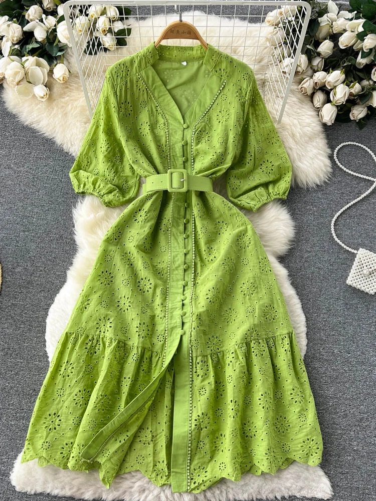 Summer V-neck Hollow Out Dress Women Bubble Sleeves Loose Embroidered Ruffle Edge Long Dresses Ladies Elegant Casual Long Robe