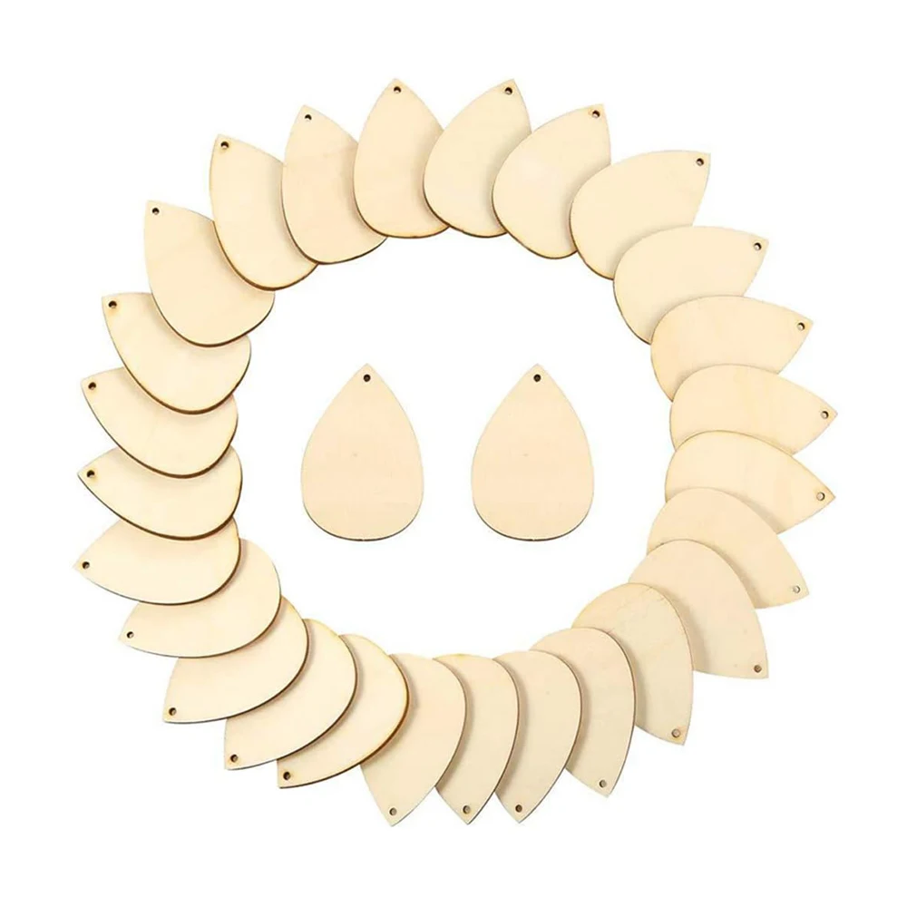 20pcs Drop Shape Wooden Blank Wood Pieces Slice with Hole Pendant For DIY Handmade Hanging Charms Decoration Crafts Accessories