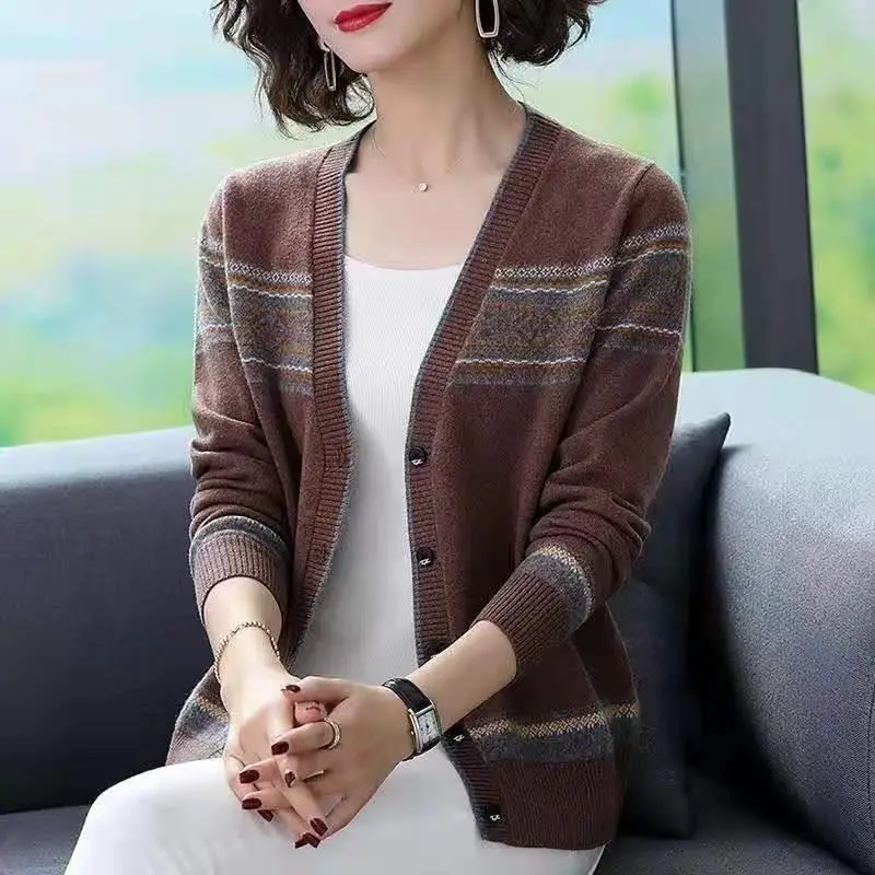 Knitting Cardigan Coat Female 2024 Autumn Winter New Women Clothing Loose V-neck Top Tee Ladies All-match Striped Sweater Tops