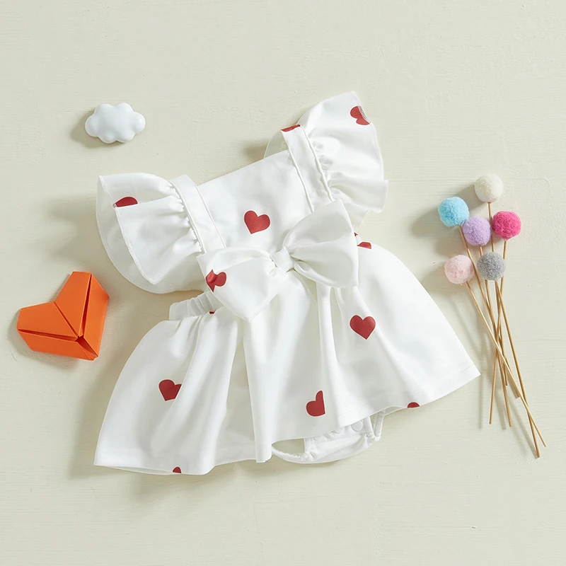 Baby Girls Valentine s Day Romper Dress Flying Sleeve Square Neck Heart Print Bow Romper