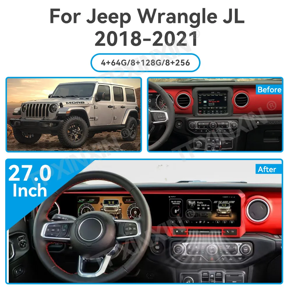 27 Inch Car Video Player For Jeep Wrangler JL Gladiator 2018-2021 Digital Cluster Multimedia Android GPS Navi CarPlay Head Unit