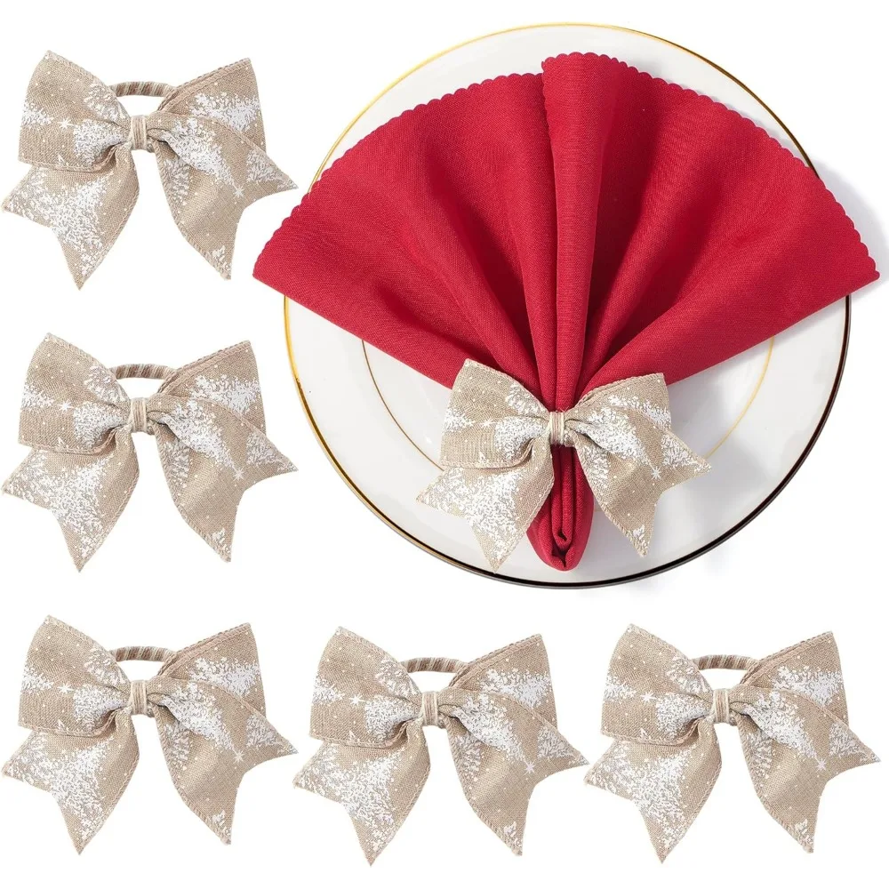 

Christmas Bow Napkin Rings Set of 6 - Snowflake Brown Webbing Napkin Holders, Xmas Holiday Napkin Rings for Birthday Part