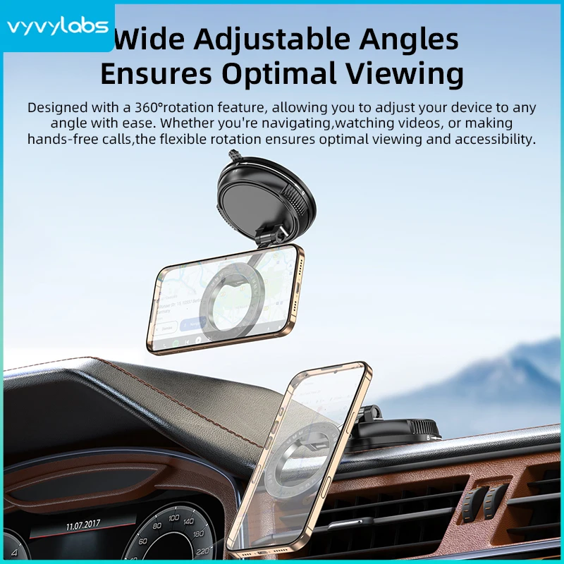VYVYLABS Universal Car Cellphone Holder Magsafe Foldable 360° Rotation Suction Cup-Car Phone Holder Accessory for Vehicle Use