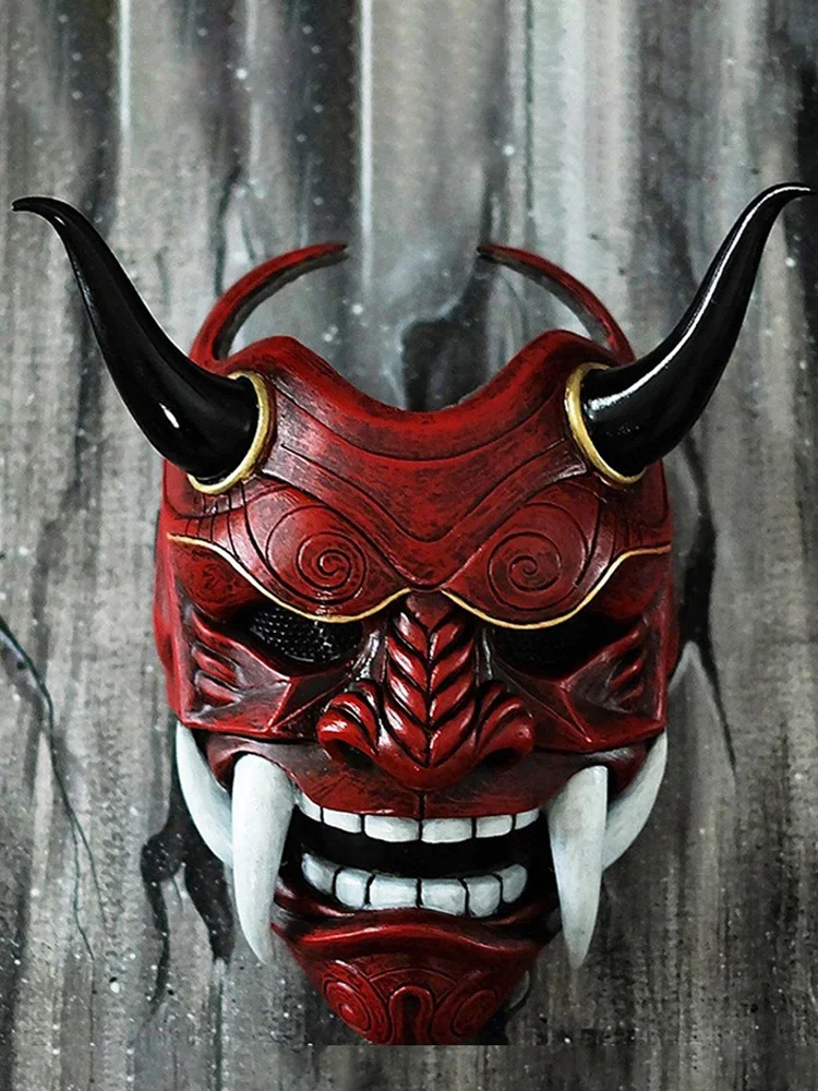 Máscara de demonio japonés Hannya, fantasma Oni Samurai Noh Kabuki, máscara de látex Prajna roja, accesorios de Cosplay de Halloween Unisex para adultos