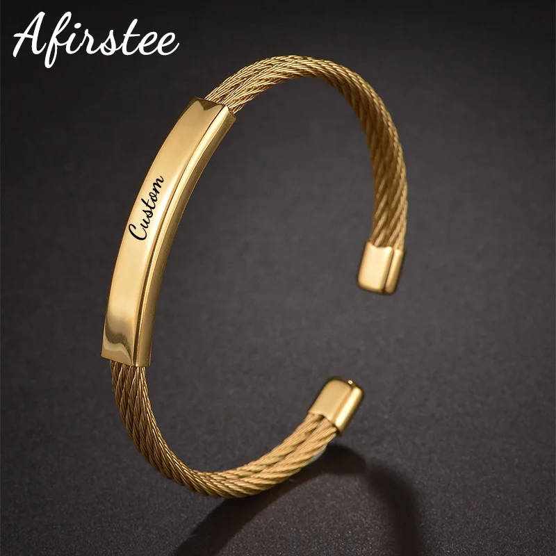 

Afirstee Stainless Steel Engrave Name Cuff Bangle For Women New style Gold Color Letter Date Bracelets Girl Jewelry Gift