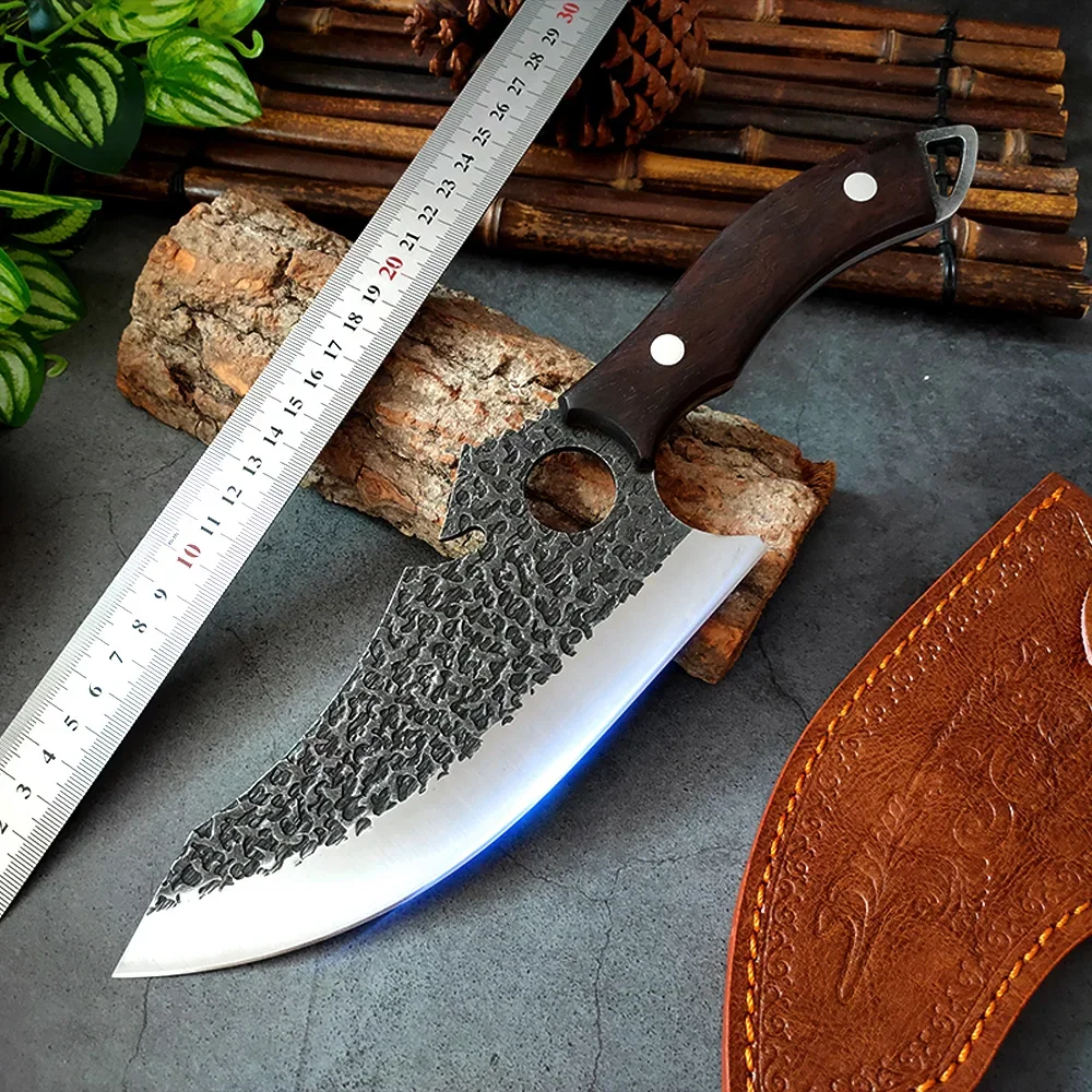 Professional 8'' Boning Knife Handmade Forged Chef Kitchen Knives Sharp Meat Cleaver with Cover Stainless Steel Hunting Knife