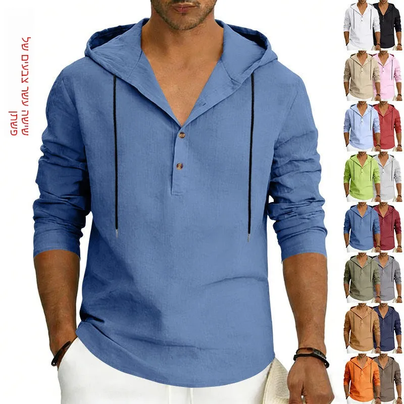

Men's Casual Linen Hoodie Long Sleeve Half Open Front Henry Shirt Spring Autumn Breathable Beach Top Cross-Border Style