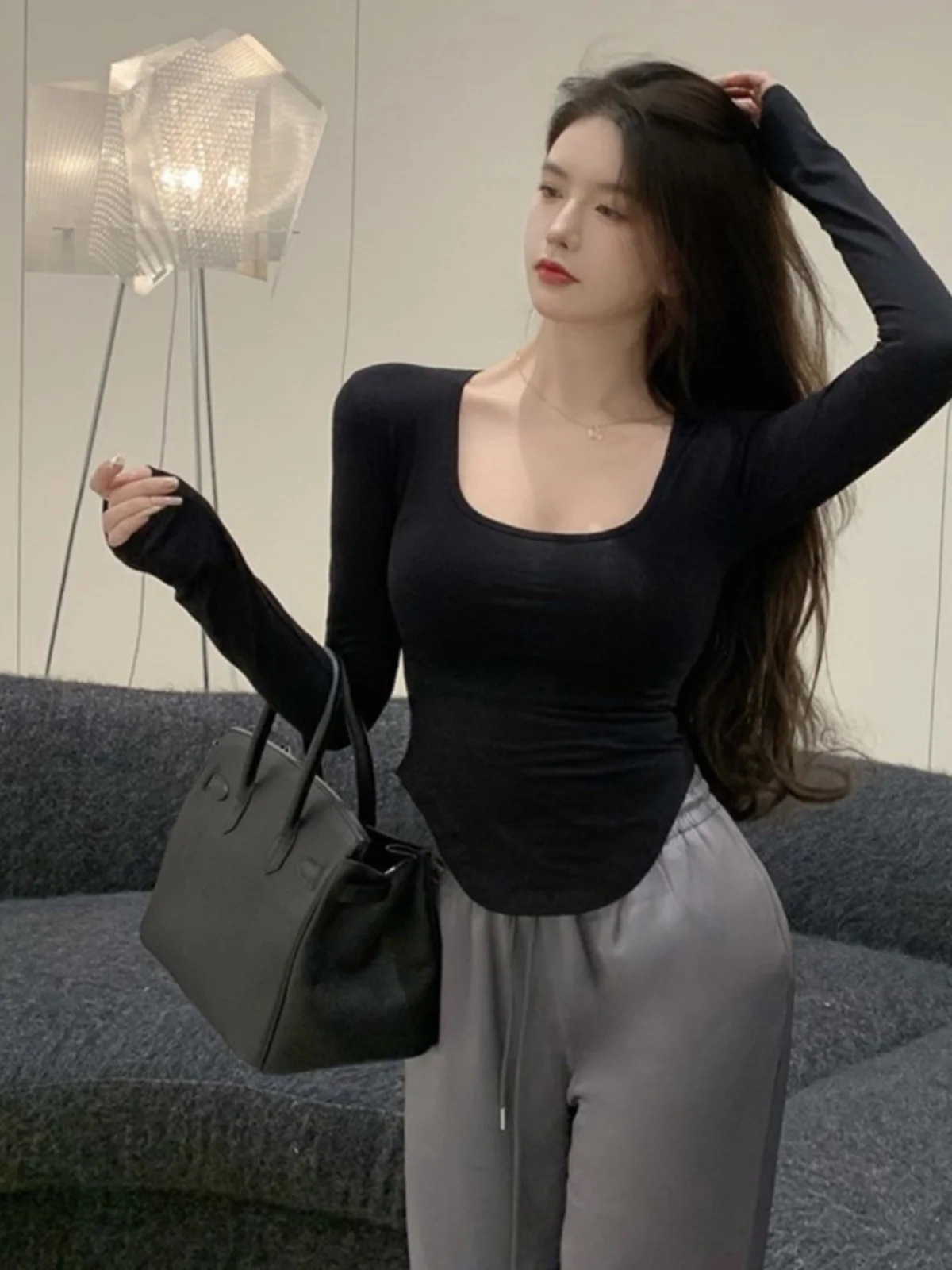 سليم صالح طويل Sve U-Ne تي شيرت المرأة أوائل الخريف غير المتماثلة قاعدة irt مثير الخصر مقصوص التخسيس الحلو والتوابل #3