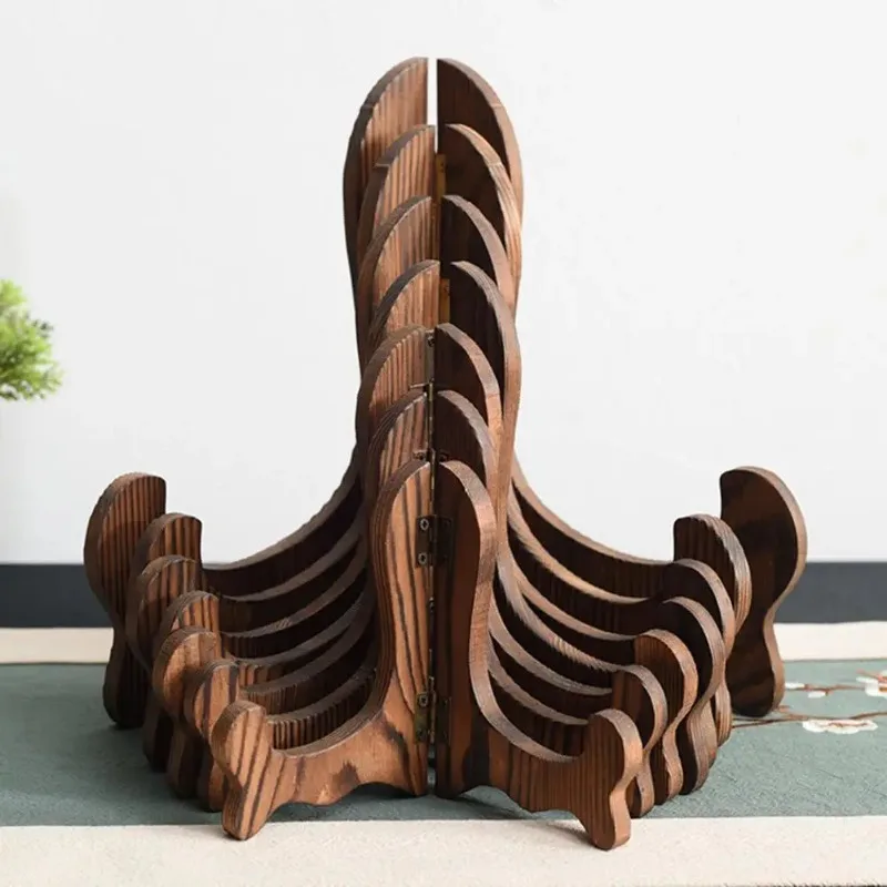 Vintage Wooden Dish Display Rack Curved Design Handmade Foldable Easel Plate Tea Cake Stand Kitchen Bar Home Decor