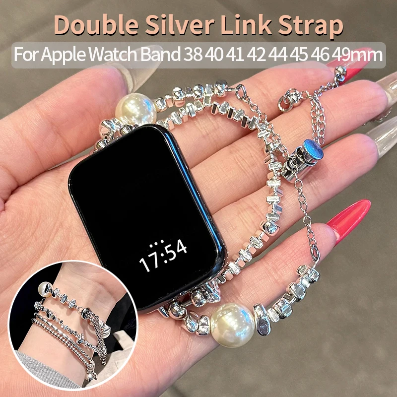 Elegant Pearl Silver Chip Bracelet for Apple Watch Band 44mm 40 42 46 45 41 Dual Layer Metal Chain Strap for Iwatch 12 11 10 9 8