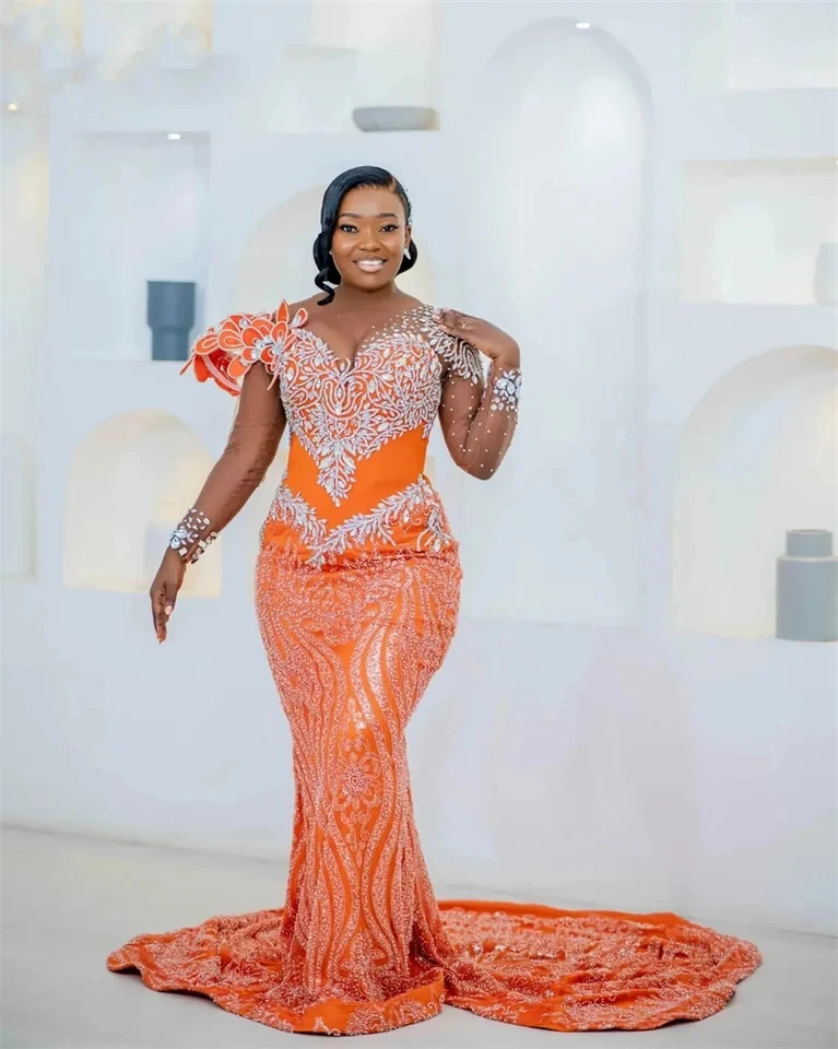 Luxury Beaded Lace African Wedding Reception Dresses Orange Sheer Long Sleeve Crystals Asoebi Bridal Dress Formal Party Dresses