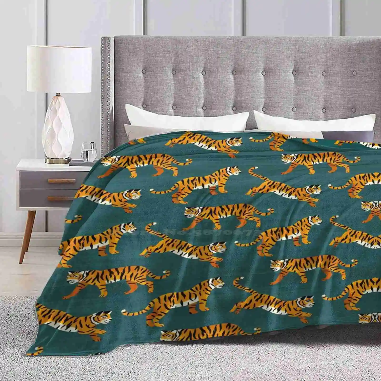 Bengal Tigers-Navy Top Quality Comfortable Bed Sofa Soft Blanket Teal Plain Tiger Pattern Bright Orange Texture Siberian Tigers