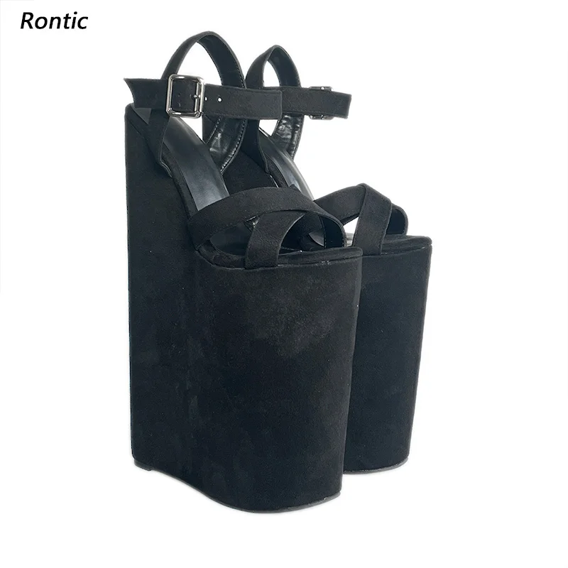 Sandalias de cuña de cuero rojo artesanales Rontic - Zapatos de tacón alto con plataforma y correa al tobillo para mujer, talla grande de EE. UU. 5-15