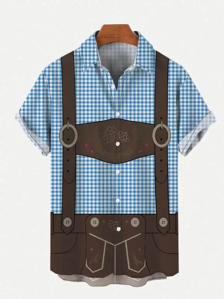 Full Print Classic Blue Plaid and Overalls Costume Oktoberfest Beach Shirts for Men New in Short Sleeve Hawaiian Shirt Blouses