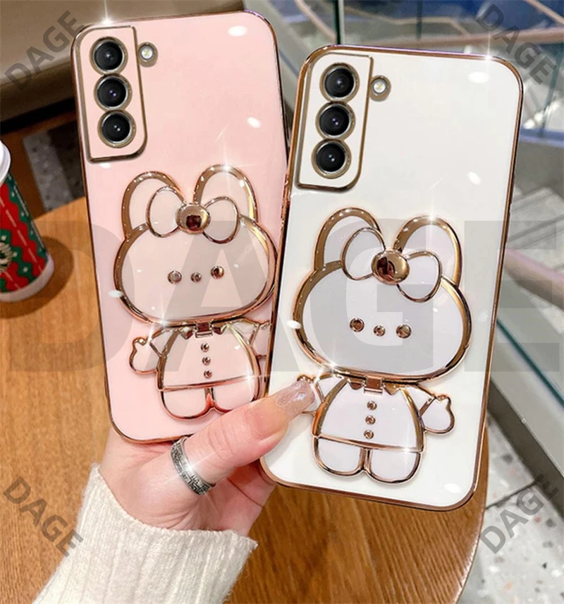 Luxury Plating Cartoon Rabbit makeup Mirror Holder Casing for Vivo Y20 Y21S Y21 Y12S Y11S Y17 Y3 Y15 Y50 Y91C Stand Cover