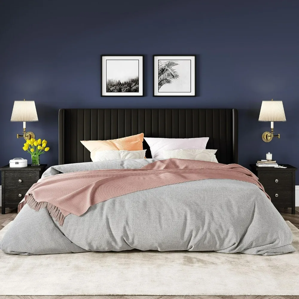 King size velvet bed frame/vertical channel quilted wing back headboard/fabric/wooden crossbar/easy to assemble/black