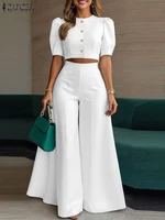 2025 ZANZA, traje de pantalones a la moda de verano, 2 uds., conjuntos a juego para mujer, blusa elegante de manga corta, conjuntos de pantalones de pierna ancha, trajes de trabajo OL