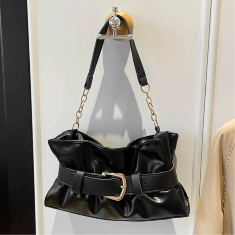 

Luxury Retro Ruched Shoulder Bag, Ladies Block Belt Buckle Underarm Bag, Metal Chain Patchwork Tote, Open Large Handle Bag