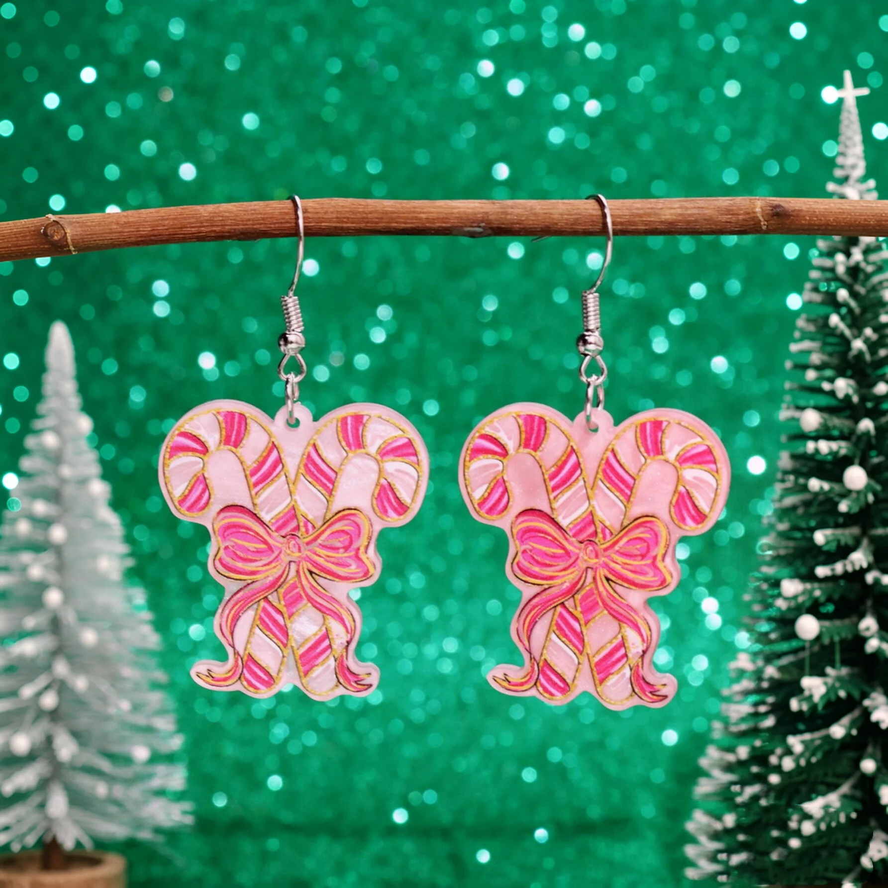 Christmas Limited Edition Pink Candy Bow Cane Earrings Eye Catching Cartoon Acrylic Geometric Women's Jewelry for Parties