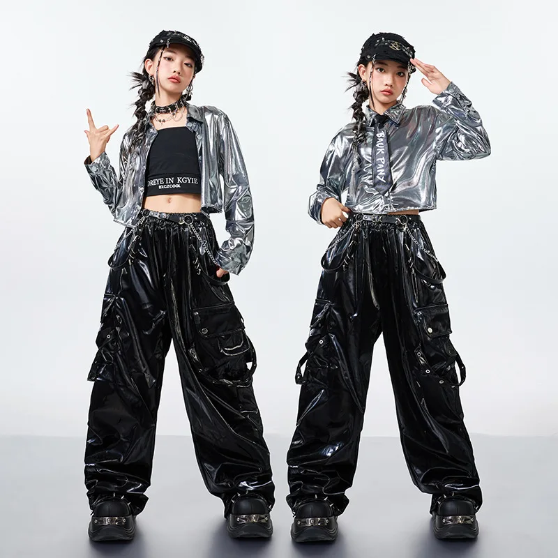 Mädchen Hip Hop Silber Crop Shirt Street Dance Leder Hosen Mode K-pop Coole Jacke Kleidung Sets Gruppe Jazz Bühne tragen Outfits