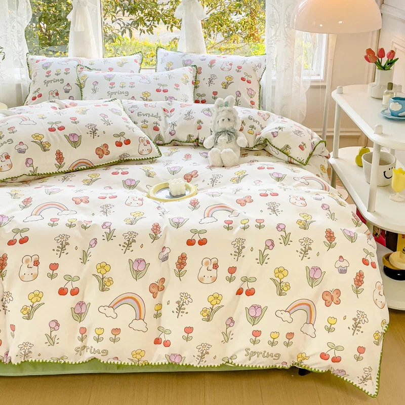 Pastoral Girls Flower Bedding Sets, Washed Cotton Bed Linens, Soft Quilt Cover Sheet Set, Simple Bedspread, Home Textiles